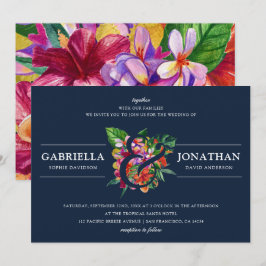 Convite Casamento de Buquês Tropicais Modernos do marinho