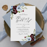 Convite casamento de burgundy azul-poeirento<br><div class="desc">Flores azuis,  borrifadas e poeirentas,  com uma estrutura dourada e um texto elegante. As cores e o texto podem ser personalizados.</div>