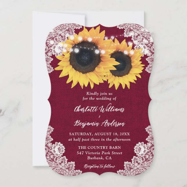 Convite Casamento De Burgundy Burlap Floral Lace Sunflower (Frente)