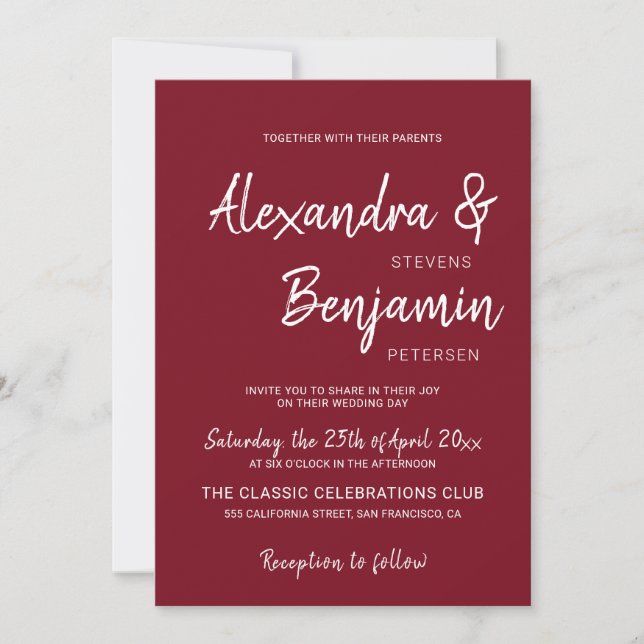 Convite Casamento de burgundy com script simples e moderno (Frente)