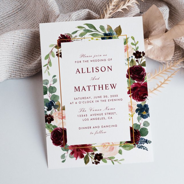 Convite Casamento de burgundy, cor d'água, com estrutura f (Criador carregado)