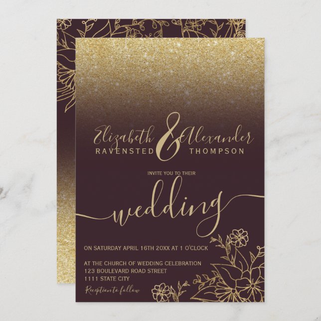 Convite Casamento de burgundy do guião floral do ouro chic (Frente/Verso)