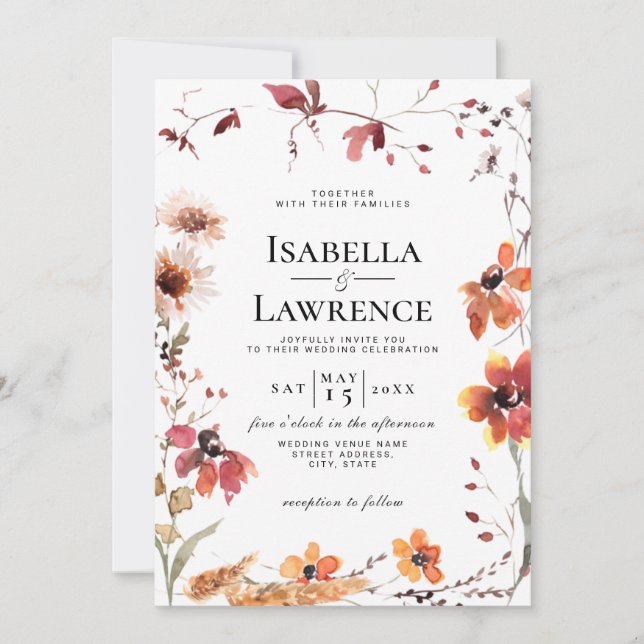 Convite Casamento de Burgundy Fall Floral Watercolor (Frente)