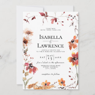 Convite Casamento de Burgundy Fall Floral Watercolor