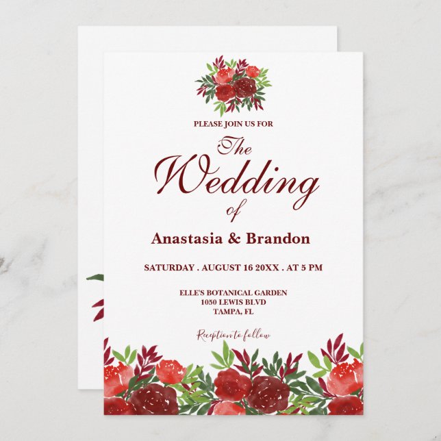 Convite Casamento de Burgundy Floral Watercolor (Frente/Verso)