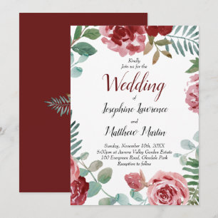 Convite Casamento de Burgundy Floral Watercolor