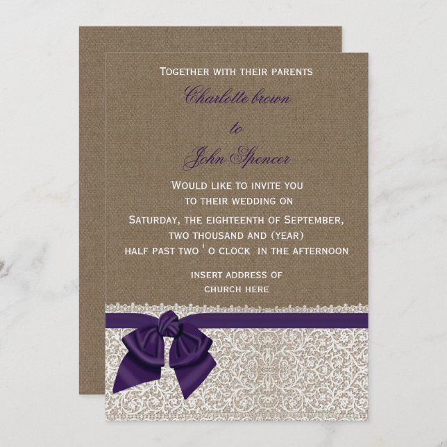 Convite Casamento de Burlap e Lace Purple (Frente/Verso)