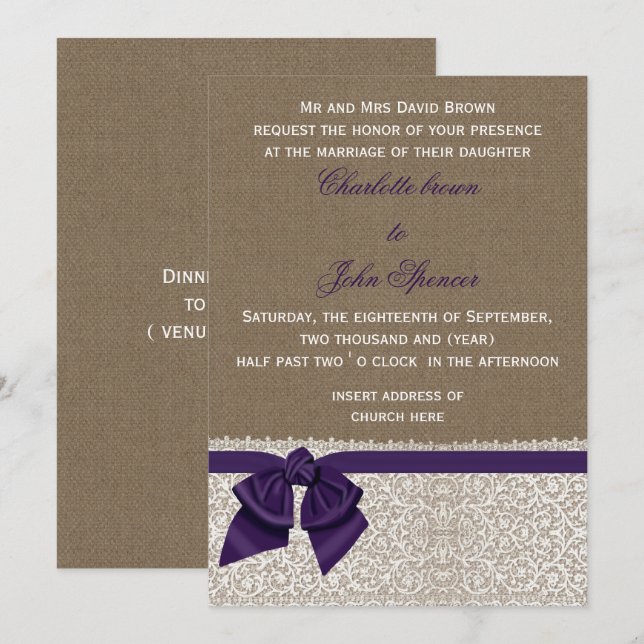 Convite Casamento de Burlap e Lace Purple (Frente/Verso)