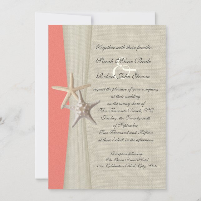 Convite Casamento de Burlap e Starfish Shell Coral Beach (Verso)