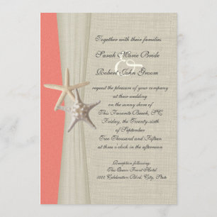 Convite Casamento de Burlap e Starfish Shell Coral Beach