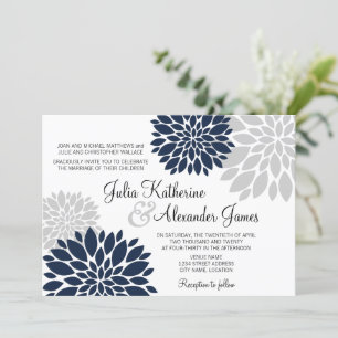 Convite Casamento de Burst Floral Azul e Cinza de Prata