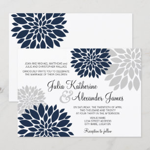 Convite Casamento de Burst Floral Azul e Cinza de Prata