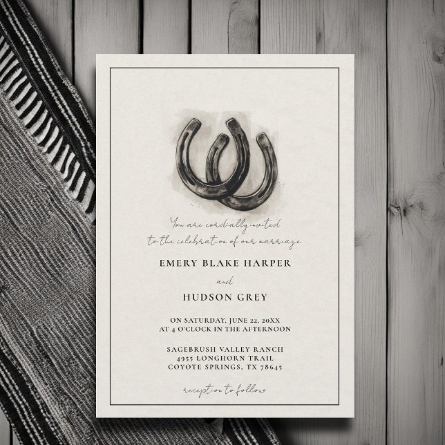Convite Casamento de BW Elegante Ocidental em Ferraduras d (country wedding invitation western cowboy horseshoes artistic frame black white elegant formal)