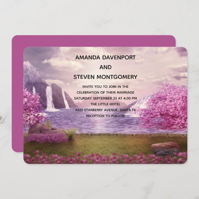 Convite Casamento de Cachoeiras e Cerejeiras em torno de u (Frente/Verso)