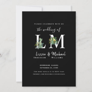 Convite Casamento de Cacto Simples Minimalista Preto Monog