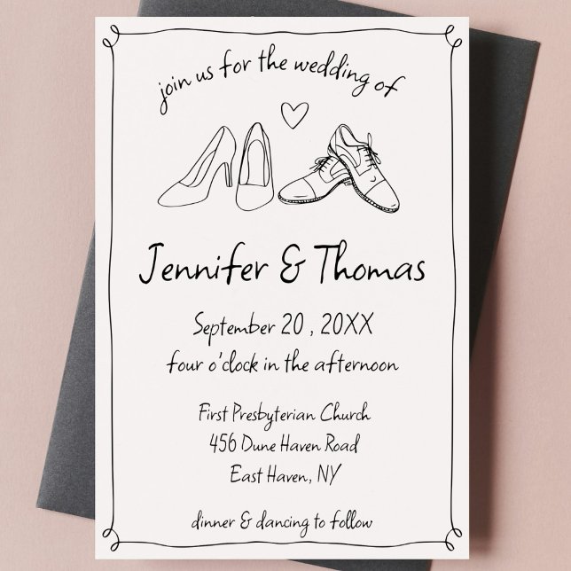 Convite Casamento de Calçados de Portas Desenhadas pela Mã (quirky whimsical hand drawn doodle scribble wedding invitation wedding shoes handwritten black cute)