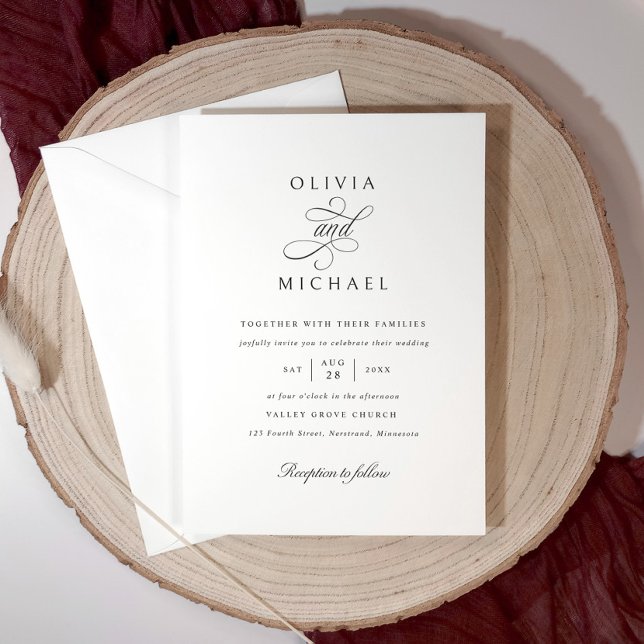 Convite Casamento de Caligrafia Clássica Elegante Simples (Simple black and white wedding invitation with elegant classic calligraphy script.)