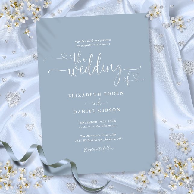Convite Casamento de Caligrafia com Corações Azuis Elegant (Elegant Dusty Blue Hearts Calligraphy Wedding Invitation)