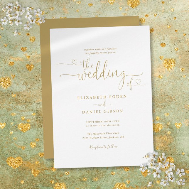 Convite Casamento de Caligrafia com Corações Dourados Eleg (Elegant Gold Hearts Script Calligraphy Wedding Invitation)