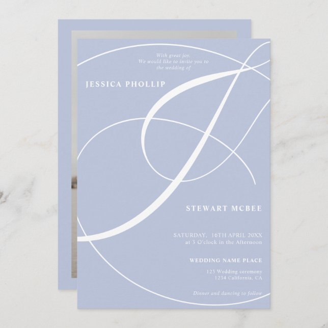 Convite Casamento de caligrafia com fotos azuis (Frente/Verso)