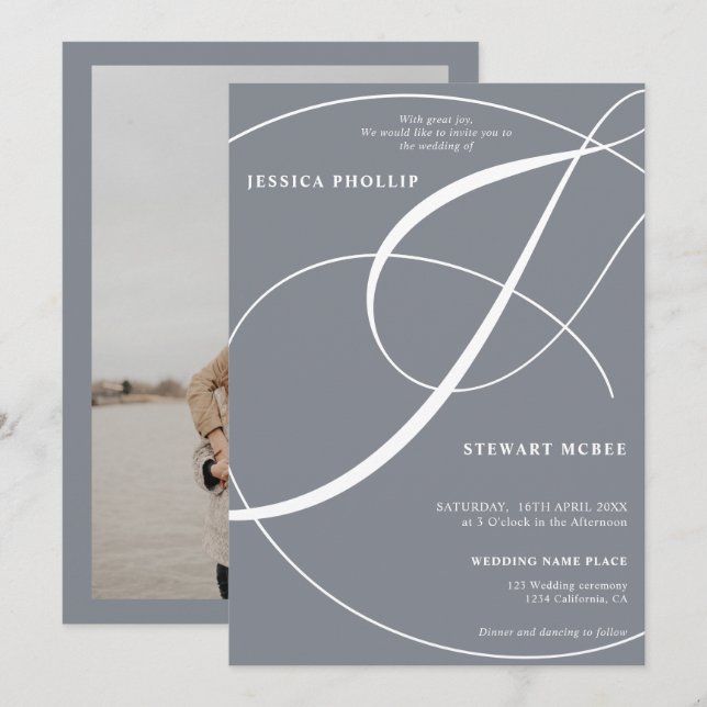 Convite Casamento de caligrafia com fotos azuis empoeirada (Frente/Verso)