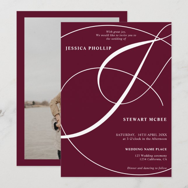 Convite Casamento de caligrafia com fotos vermelhas burgun (Frente/Verso)