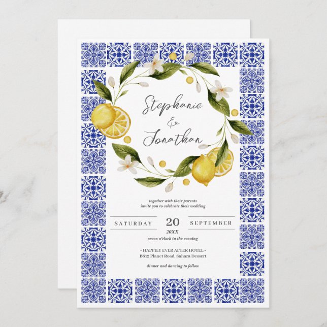 Convite Casamento de Caligrafia com Lemon Blue Watercolor (Frente/Verso)