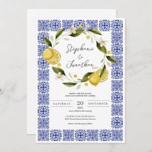 Convite Casamento de Caligrafia com Lemon Blue Watercolor