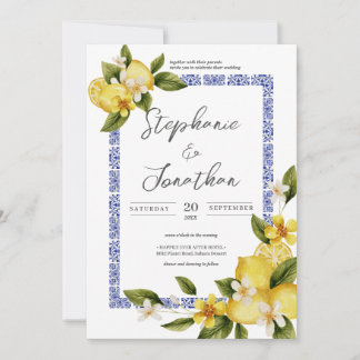Convite Casamento de Caligrafia com Lemon Blue Watercolor