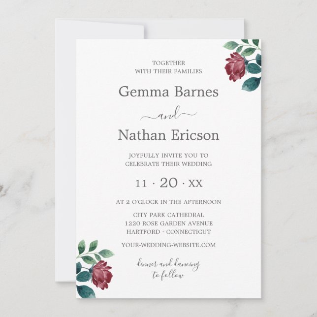 Convite Casamento de Caligrafia com Rosas de Teal Watercol (Frente)