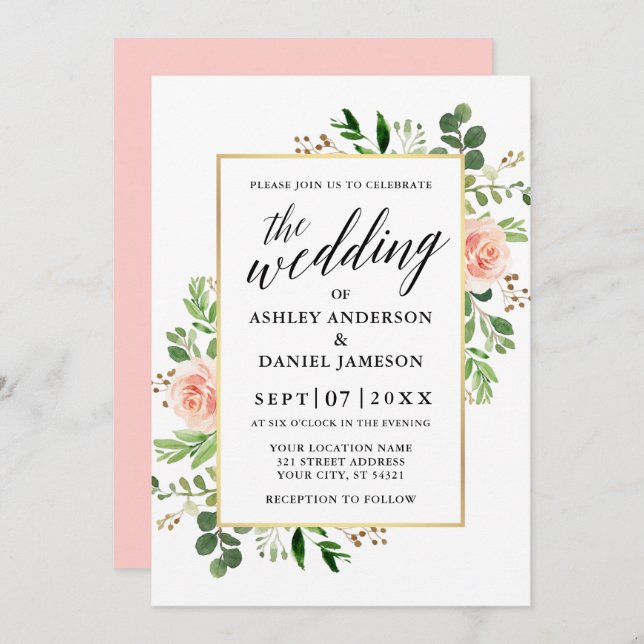 Convite Casamento de Caligrafia com Rosas Greenery (Frente/Verso)