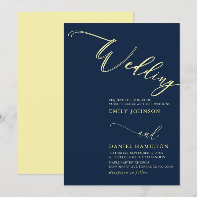 Convite Casamento de Caligrafia de Cinzas Amarelas Simples (Frente/Verso)