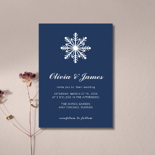 Convite Casamento de Caligrafia de Floco de Neve Azul Mari
