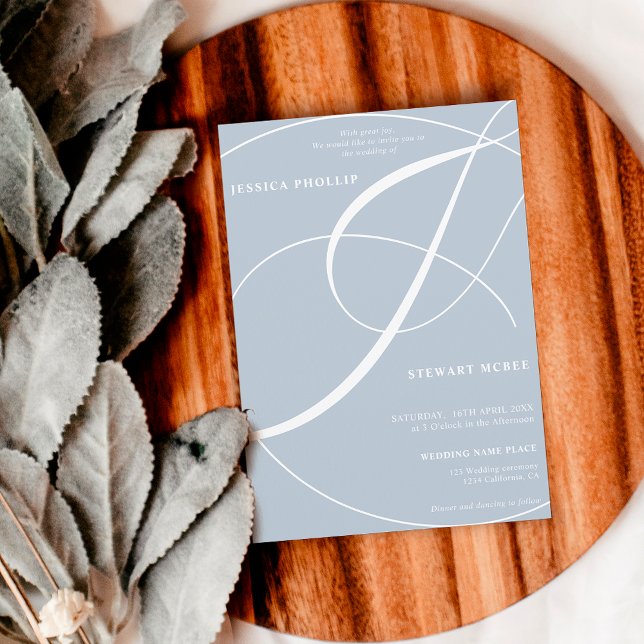 Convite Casamento de caligrafia de foto azul pastel (Criador carregado)