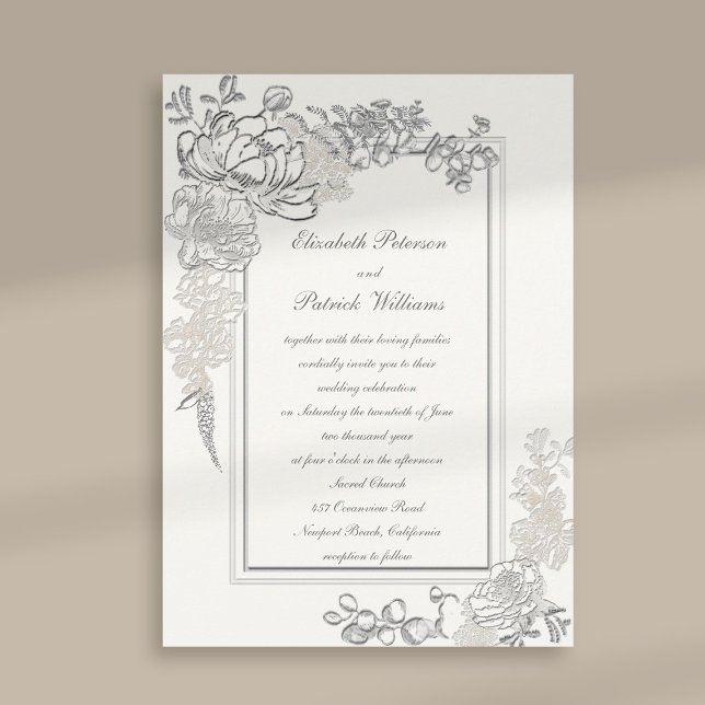 Convite Casamento de Caligrafia de Peony Pearl em Faux Emb (peony wedding invitation floral double frame formal traditional elegant calligraphy pearl classic)