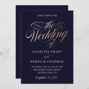 Convite Casamento de Caligrafia Dourada Azul Profundo com 