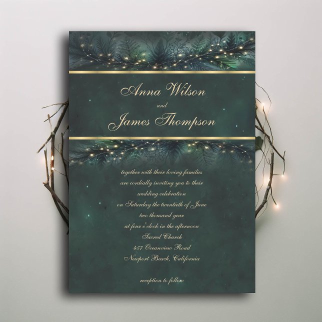 Convite Casamento de Caligrafia Dourada de Fada de Florest (enchanted forest wedding invitation emerald gold frame garland calligraphy modern classic)