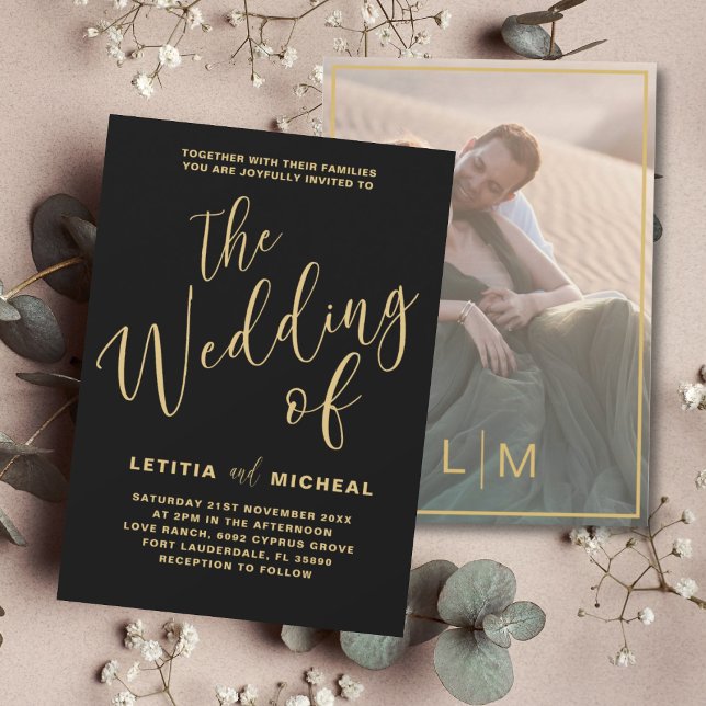 Convite Casamento de Caligrafia Dourada e Preta Elegante (Criador carregado)