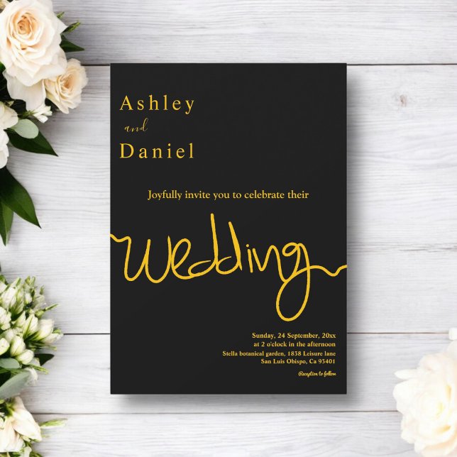 Convite Casamento De Caligrafia Dourada E Preta Elegante (Criador carregado)