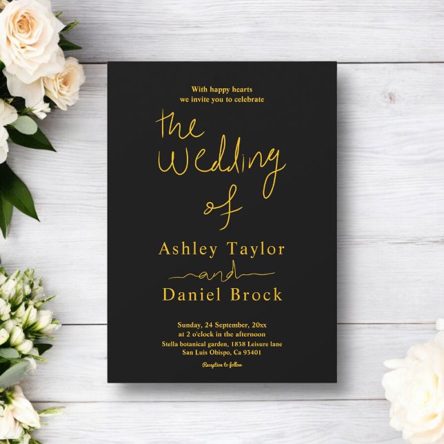 Convite Casamento De Caligrafia Dourada E Preta Elegante (Criador carregado)