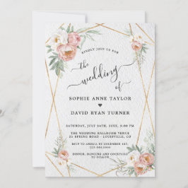 Convite Casamento de Caligrafia Dourada Floral Dusty Rosa