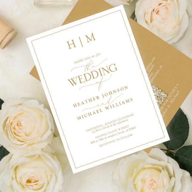 Convite Casamento de Caligrafia Dourada Monograma com Códi (Criador carregado)