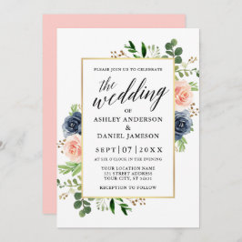 Convite Casamento de Caligrafia Dusty Blue Pink Roses