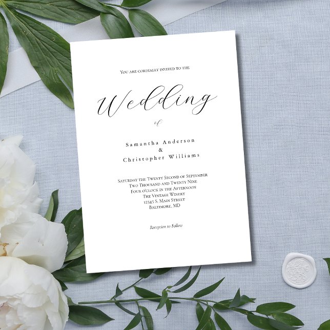 Convite Casamento de Caligrafia Elegante Moderno Minimalis (Modern Minimalist Elegant Wedding Invitation with Script Font. Black and White.)