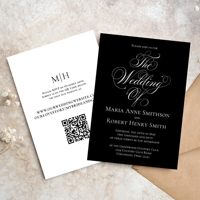 Convite Casamento de Caligrafia Elegante Negra e Branca (Elegant Black and White wedding invitation with stylish calligraphy script. )