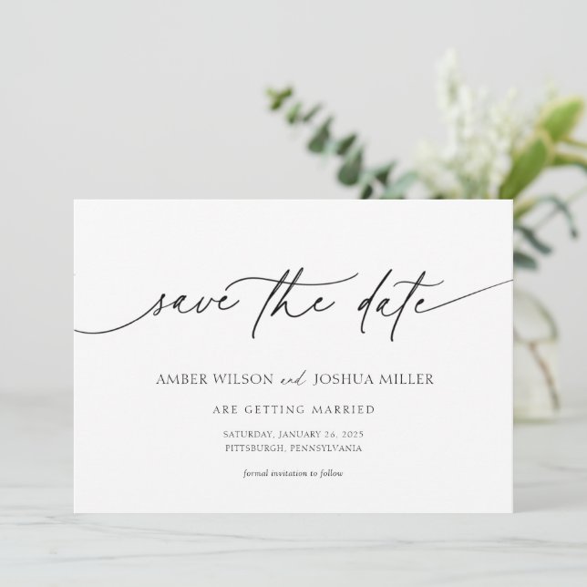 Convite Casamento de Caligrafia Elegante Save the Date (Em pé/Frente)