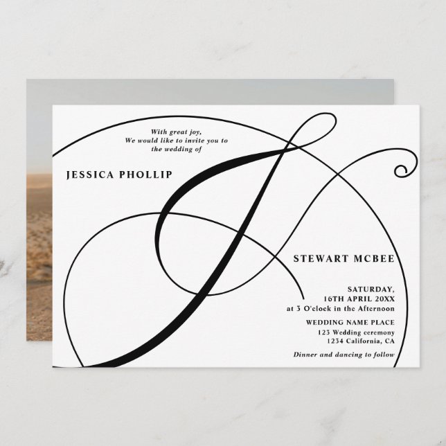 Convite Casamento de caligrafia em branco preto-Script (Frente/Verso)