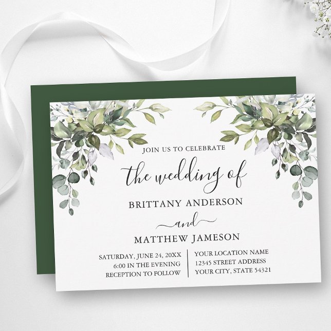 Convite Casamento de Caligrafia em Greenery (Customize to change text color, style, add text & photos to back or change color of back of card.)
