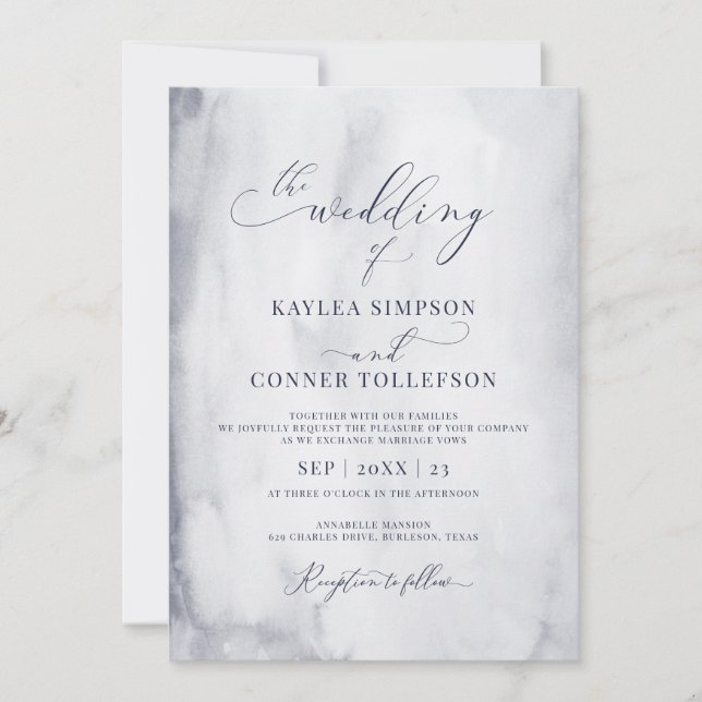 Convite Casamento de Caligrafia em Mármore de Aquarela Azu (Frente)