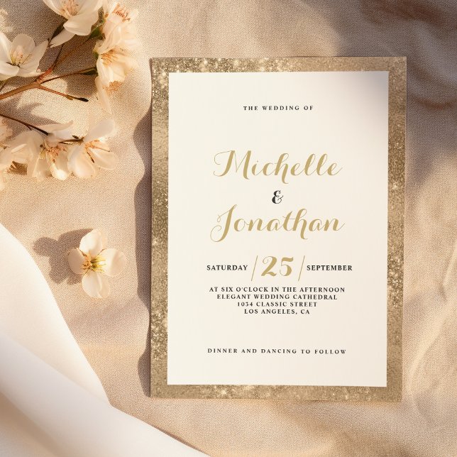 Convite Casamento de caligrafia em moldura dourada brilhan (Glam gold glitter frame script calligraphy Wedding)